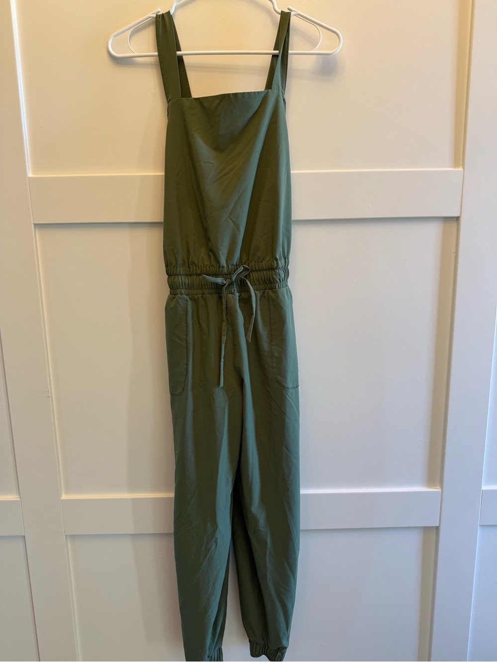 Olive Green Utility Jumpsuit Jogger One Piece Square Neck Cross Back Size M